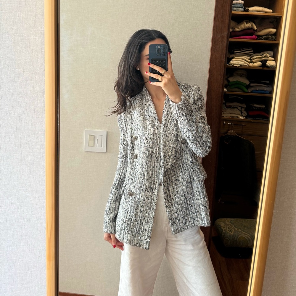 Aqua Fringe Tweed Blazer Silver